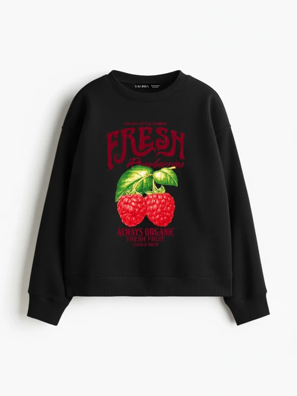 Fresh Raspberry Baskılı Kapüşonsuz Relaxed Fit Kadın Siyah Sweatshirt