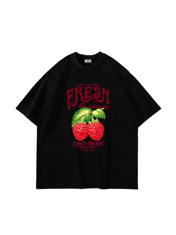 Fresh Raspberry Baskılı Oversize Unisex Siyah Tshirt