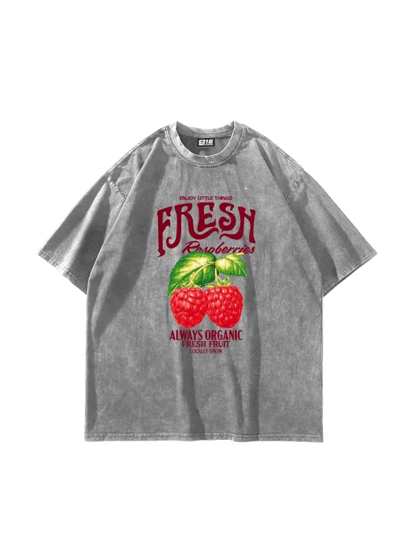 Fresh Raspberry Baskılı Oversize Unisex Yıkamalı Beyaz Tshirt