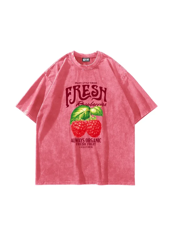 Fresh Raspberry Baskılı Oversize Unisex Yıkamalı Pembe Tshirt