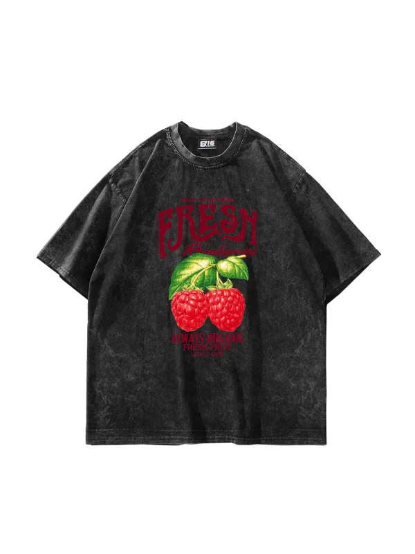 Fresh Raspberry Baskılı Oversize Unisex Yıkamalı Siyah Tshirt