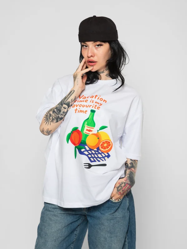 Fruits Baskılı Oversize Unisex Beyaz Tshirt