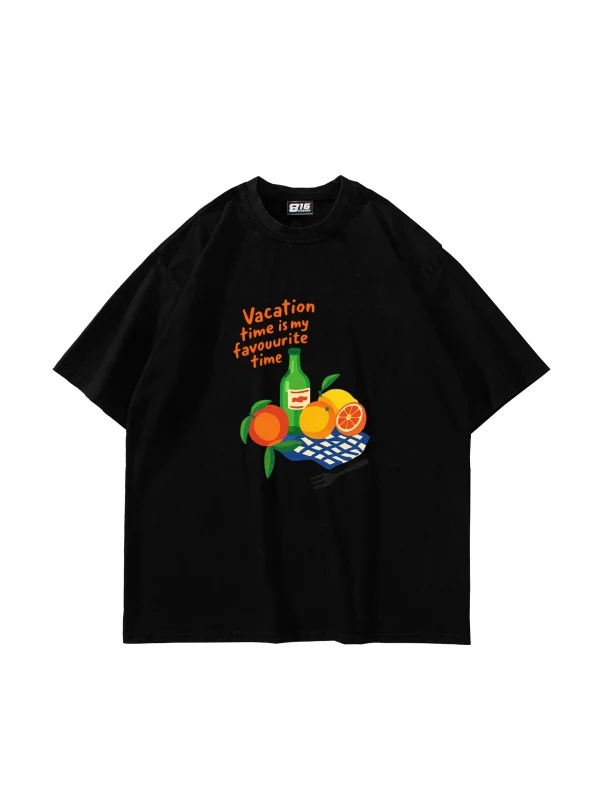 Fruits Baskılı Oversize Unisex Siyah Tshirt