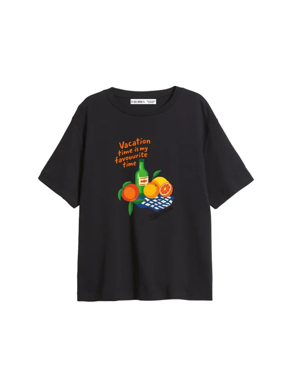 Fruits Baskılı Relaxed Fit Siyah Kadın Tshirt
