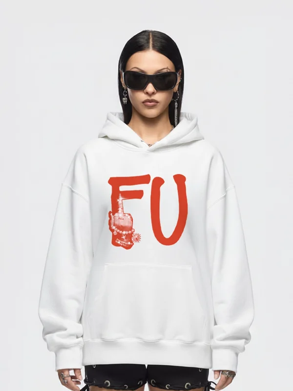 FU. Baskılı Oversize Unisex Beyaz Hoodie