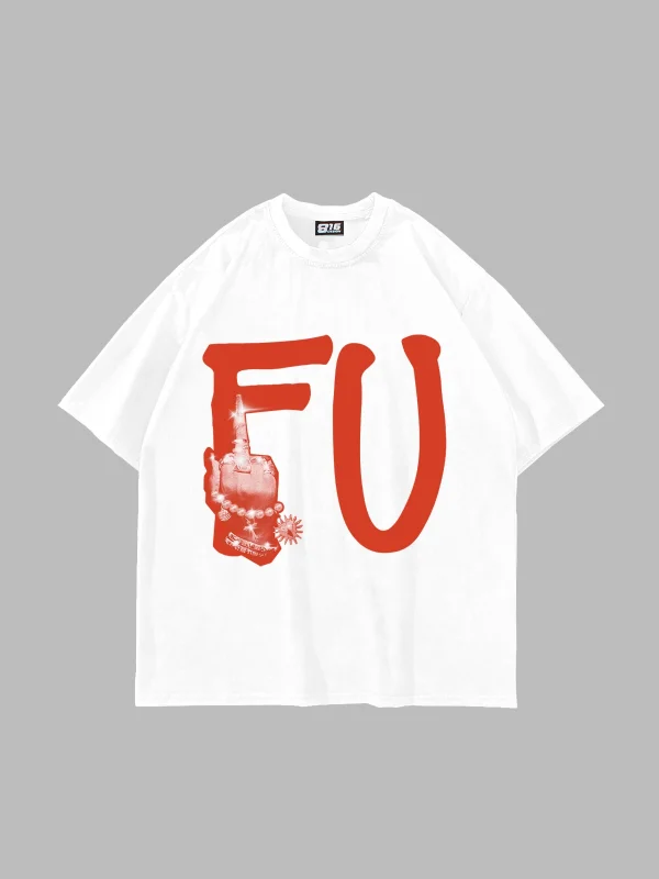 FU. Baskılı Oversize Unisex Beyaz Tshirt