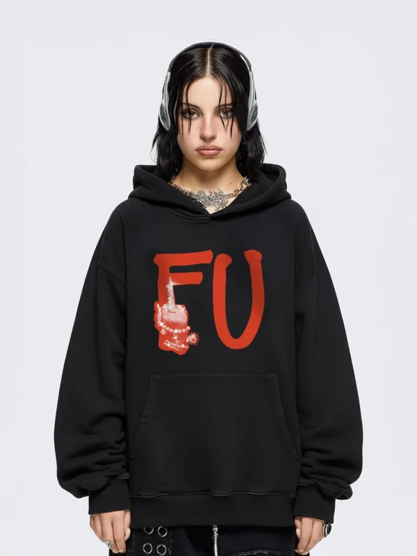 FU. Baskılı Oversize Unisex Siyah Hoodie