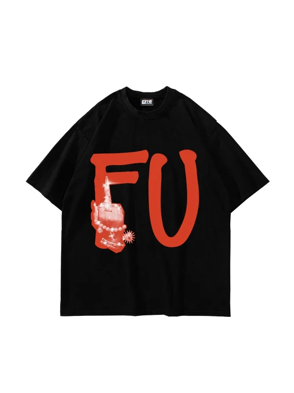 FU. Baskılı Oversize Unisex Siyah Tshirt