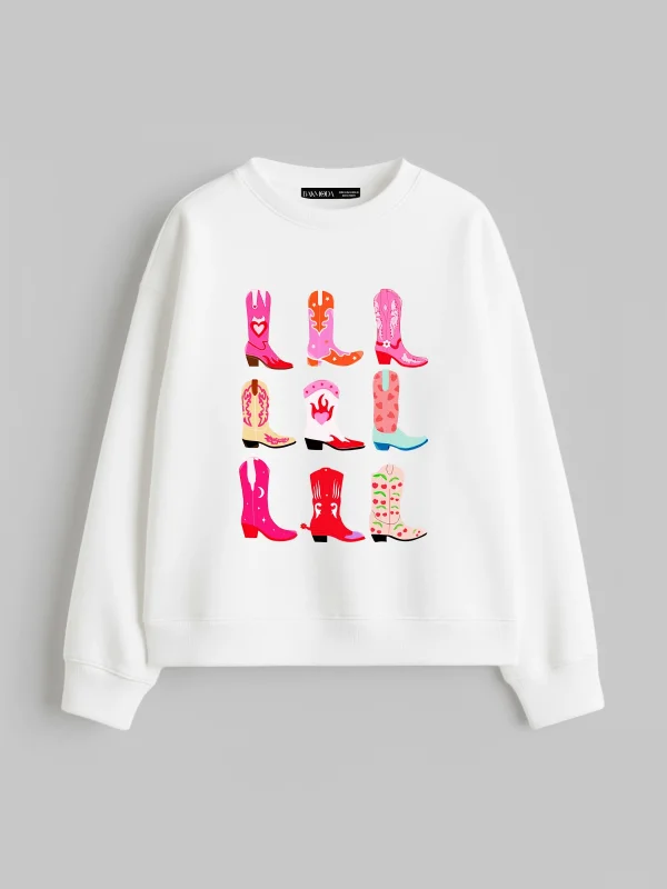 Fun Cowboy Baskılı Kapüşonsuz Relaxed Fit Kadın Beyaz Sweatshirt