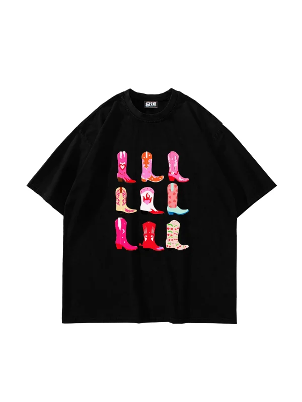 Fun Cowboy Baskılı Oversize Unisex Siyah Tshirt