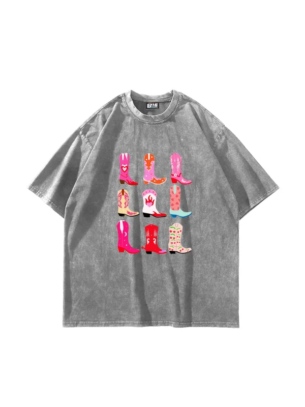 Fun Cowboy Baskılı Oversize Unisex Yıkamalı Beyaz Tshirt