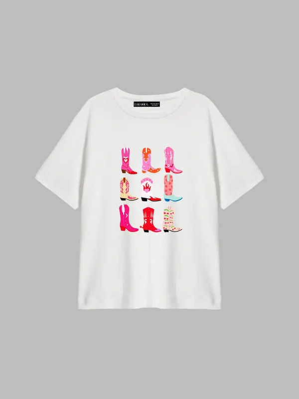 Fun Cowboy Baskılı Relaxed Fit Beyaz Kadın Tshirt