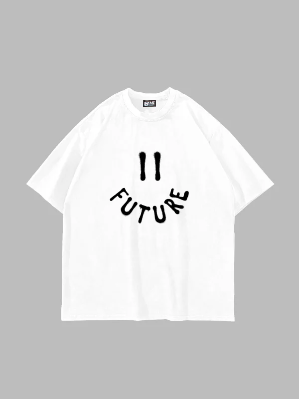 Future Smıle Baskılı Oversize Unisex Beyaz Tshirt