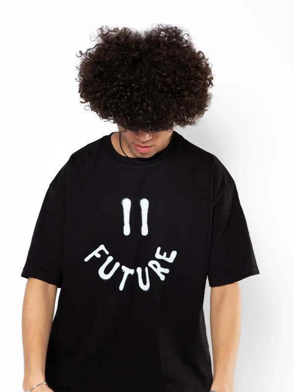 Future Smıle Baskılı Oversize Unisex Siyah Tshirt