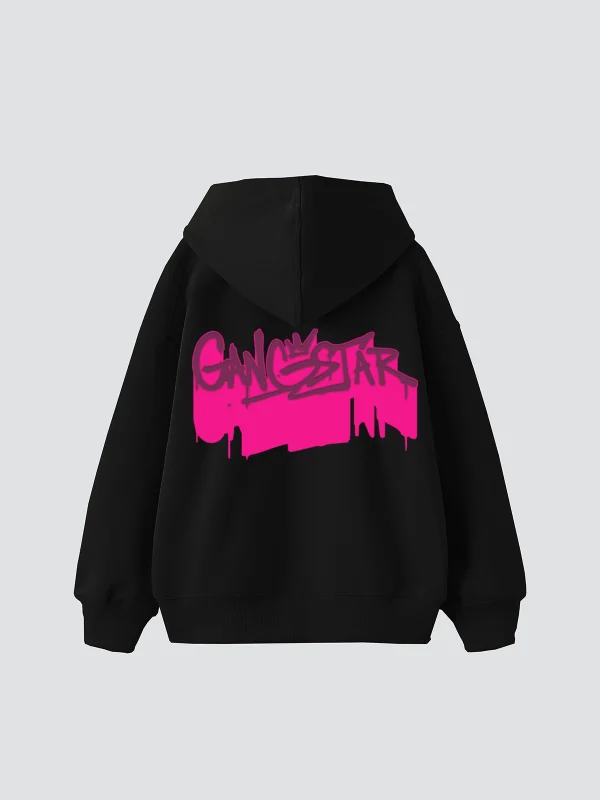 Gangstar Baskılı Oversize Unisex Siyah Hoodie