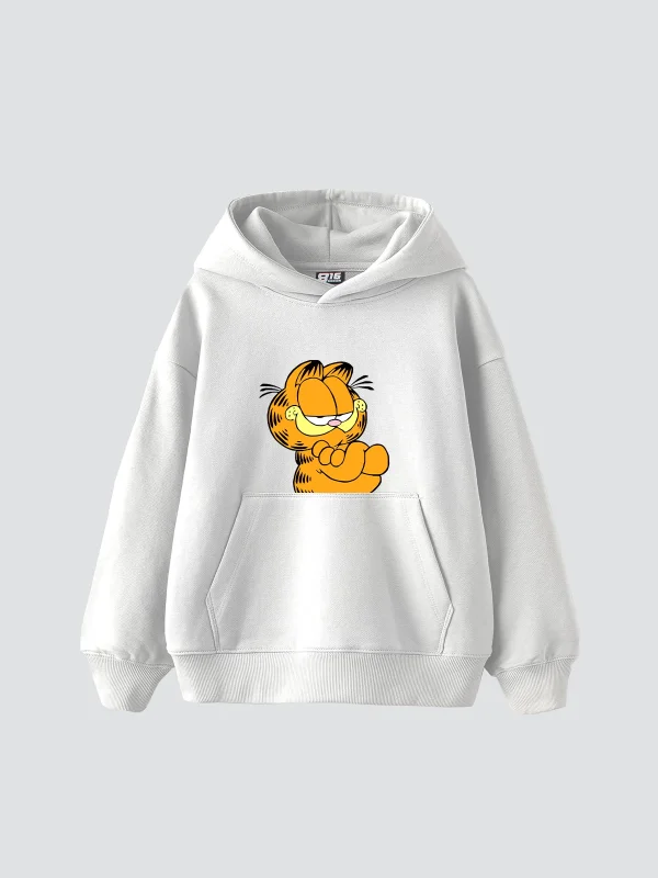 Garfield Baskılı Oversize Unisex Beyaz Hoodie