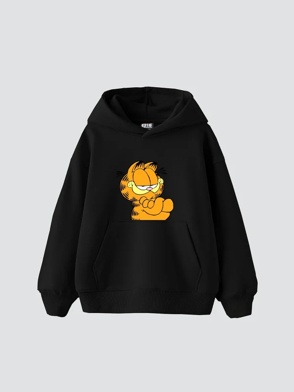 Garfield Baskılı Oversize Unisex Siyah Hoodie