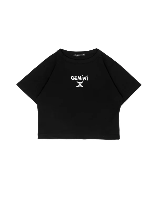 Gemini Baskılı Siyah Crop Top