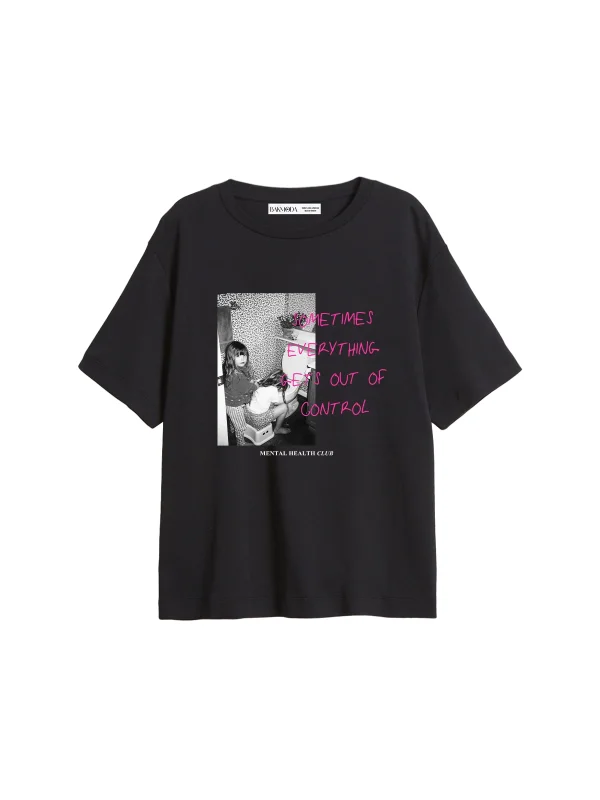Gets Out Of Control Baskılı Relaxed Fit Siyah Kadın Tshirt