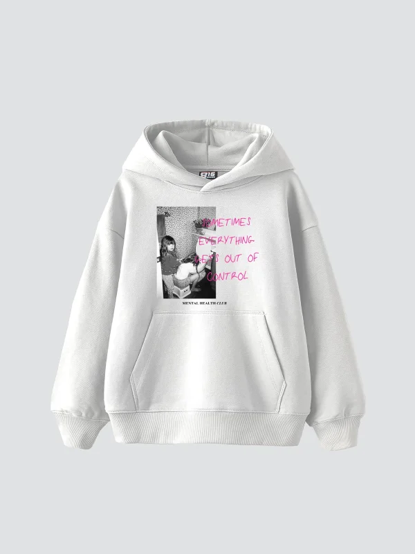 Gets Out Of Control Vintage Baskılı Oversize Unisex Beyaz Hoodie