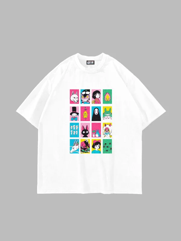 Ghibli Baskılı Oversize Unisex Beyaz Tshirt