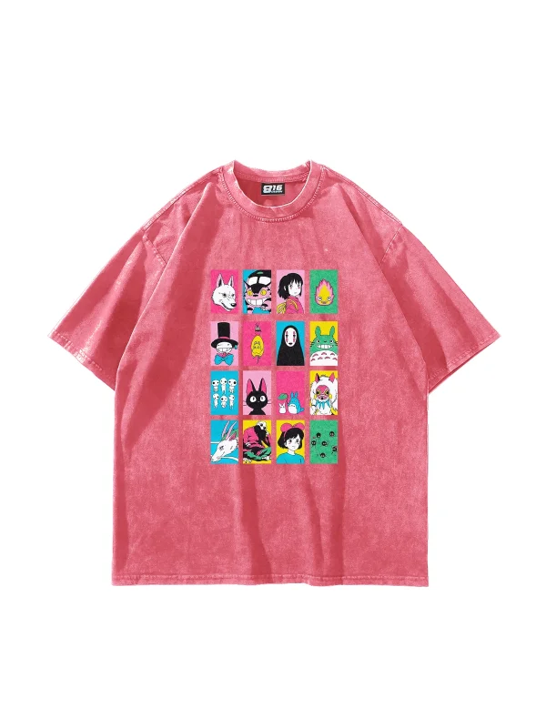 Ghibli Baskılı Oversize Unisex Yıkamalı Pembe Tshirt