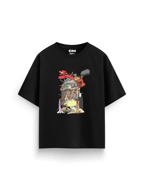 Ghibli Dreams Baskılı Rahat Kalıp 30/1 Unisex Siyah Tshirt