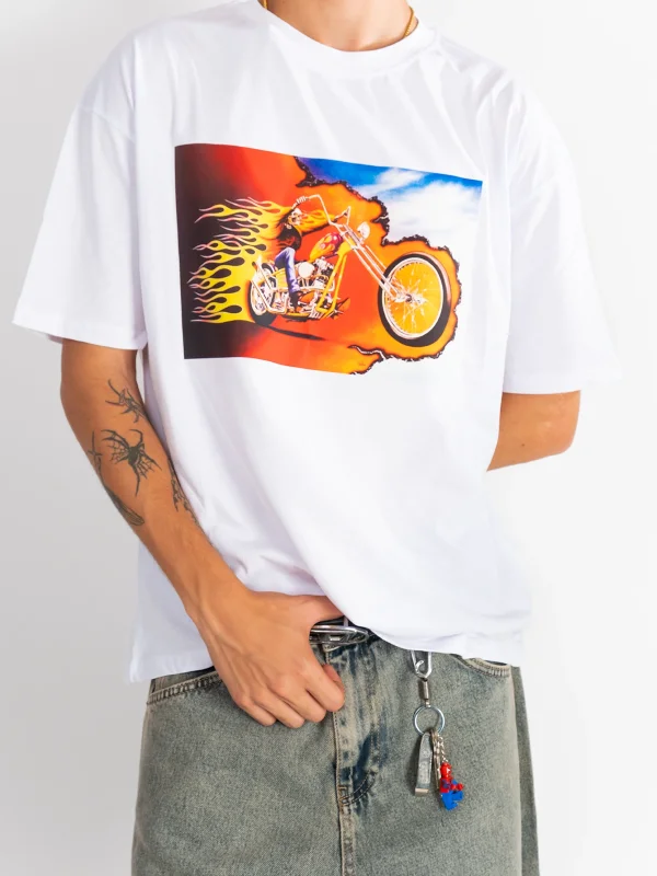 Ghost Rider Baskılı Oversize Unisex Beyaz Tshirt