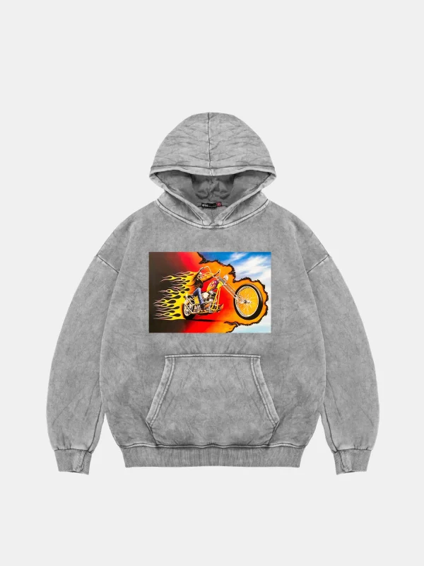 Ghost Rider Baskılı Oversize Unisex Yıkamalı Beyaz Hoodie