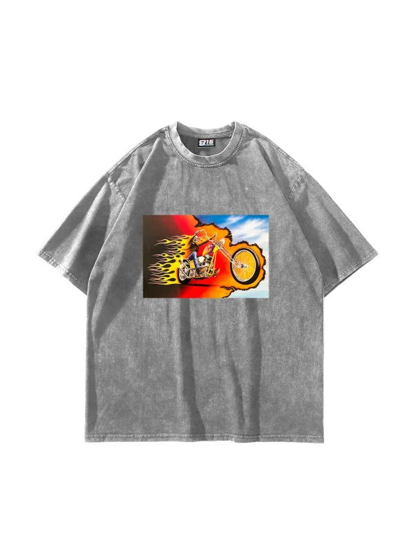 Ghost Rider Baskılı Oversize Unisex Yıkamalı Beyaz Tshirt
