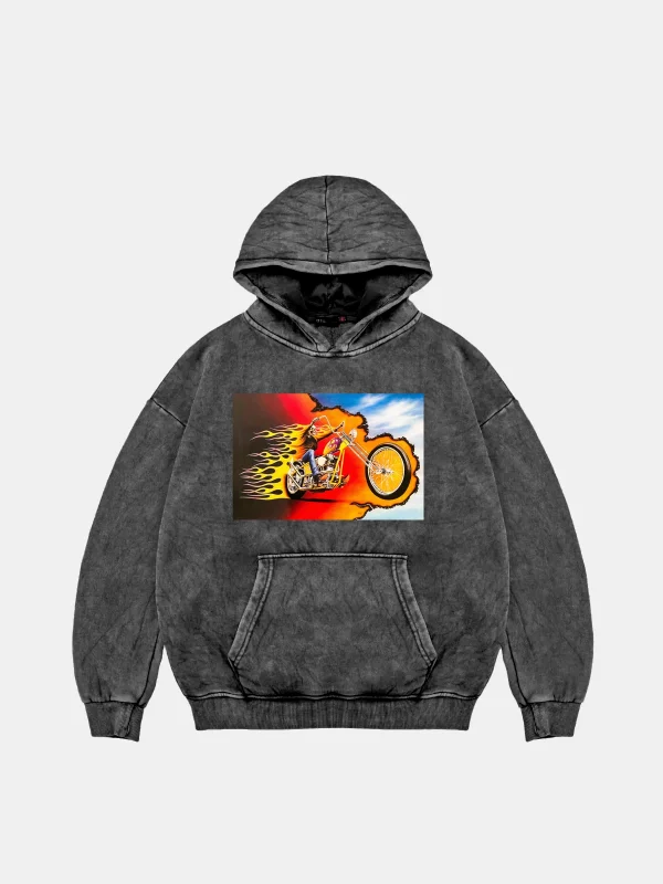 Ghost Rider Baskılı Oversize Unisex Yıkamalı Siyah Hoodie