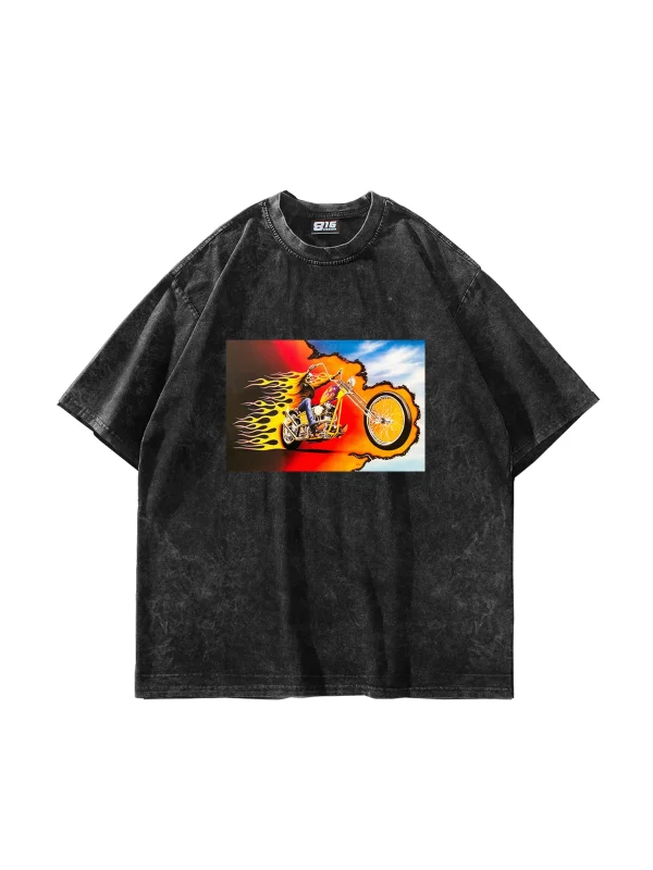 Ghost Rider Baskılı Oversize Unisex Yıkamalı Siyah Tshirt