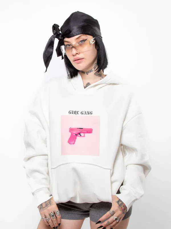 Girl Gang Baskılı Oversize Unisex Beyaz Hoodie