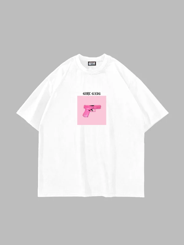 Girl Gang Baskılı Oversize Unisex Beyaz Tshirt