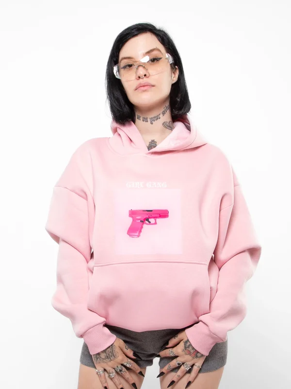 Girl Gang Baskılı Oversize Unisex Pembe Hoodie