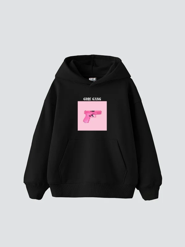 Girl Gang Baskılı Oversize Unisex Siyah Hoodie