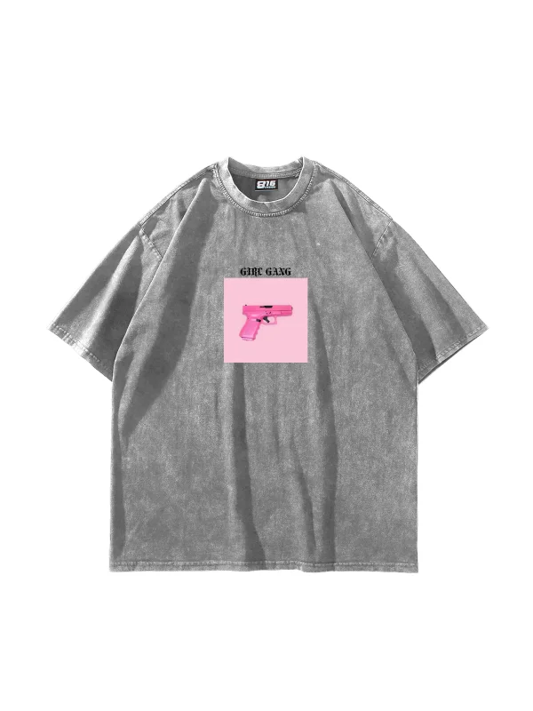 Girl Gang Baskılı Oversize Unisex Yıkamalı Beyaz Tshirt