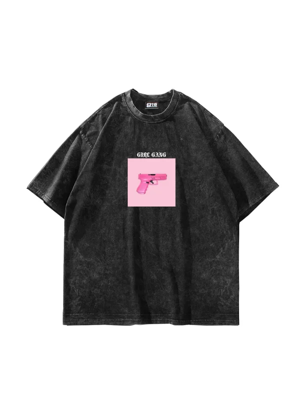 Girl Gang Baskılı Oversize Unisex Yıkamalı Siyah Tshirt