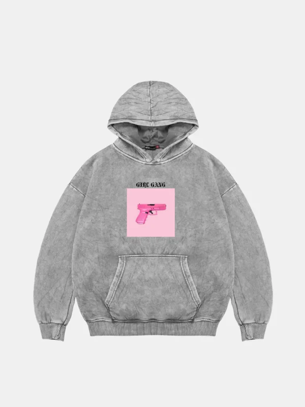 Girl Gang Oversize Unisex Yıkamalı Beyaz Hoodie