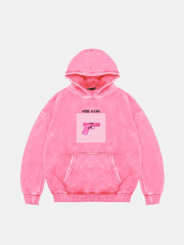 Girl Gang Oversize Unisex Yıkamalı Pembe Hoodie