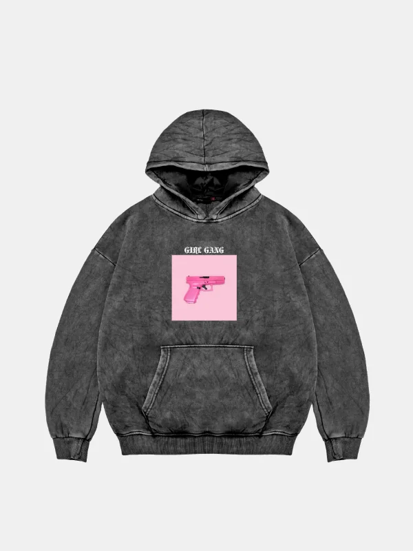 Girl Gang Oversize Unisex Yıkamalı Siyah Hoodie