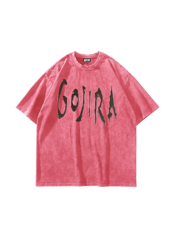 Gojira Baskılı Oversize Unisex Yıkamalı Pembe Tshirt
