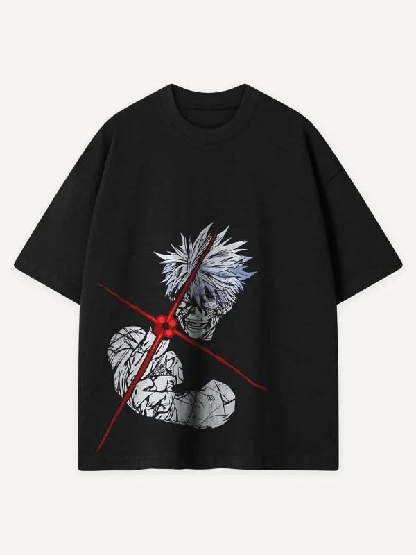 Gojo Satoru Anime Baskılı Siyah Oversize Tshirt