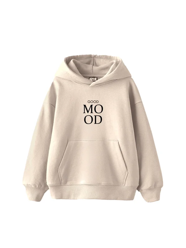 Good Mood Baskılı Oversize Unisex Bej Hoodie
