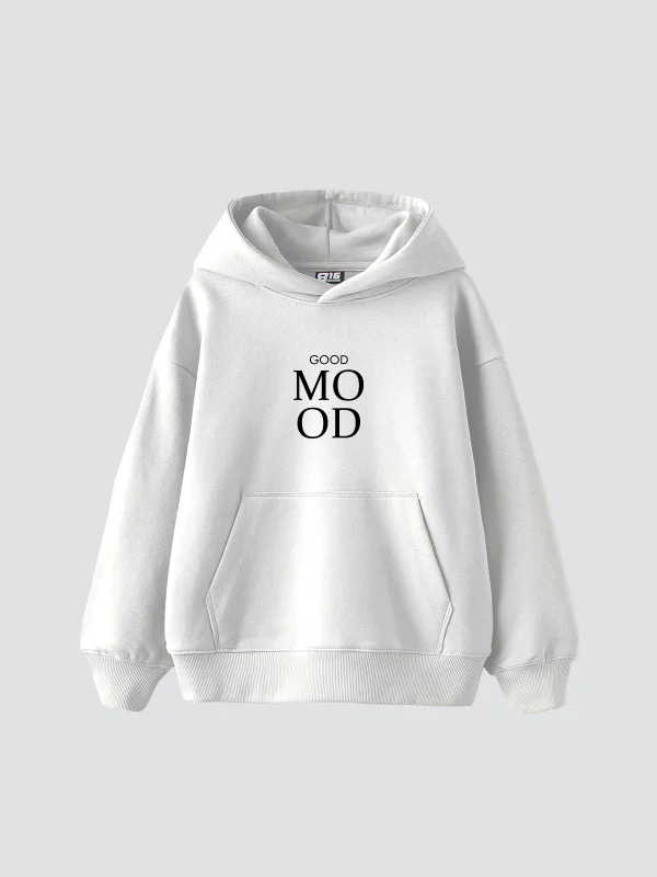 Good Mood Baskılı Oversize Unisex Beyaz Hoodie