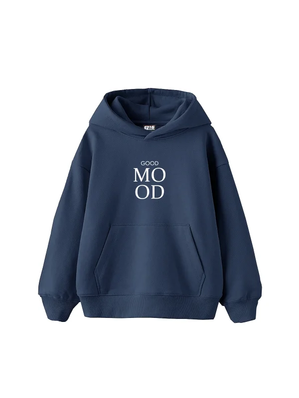Good Mood Baskılı Oversize Unisex İndigo Hoodie