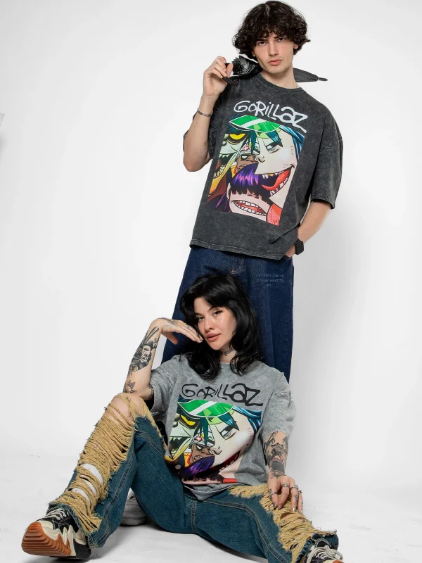 Gorillaz Baskılı Oversize Unisex Yıkamalı Siyah Tshirt