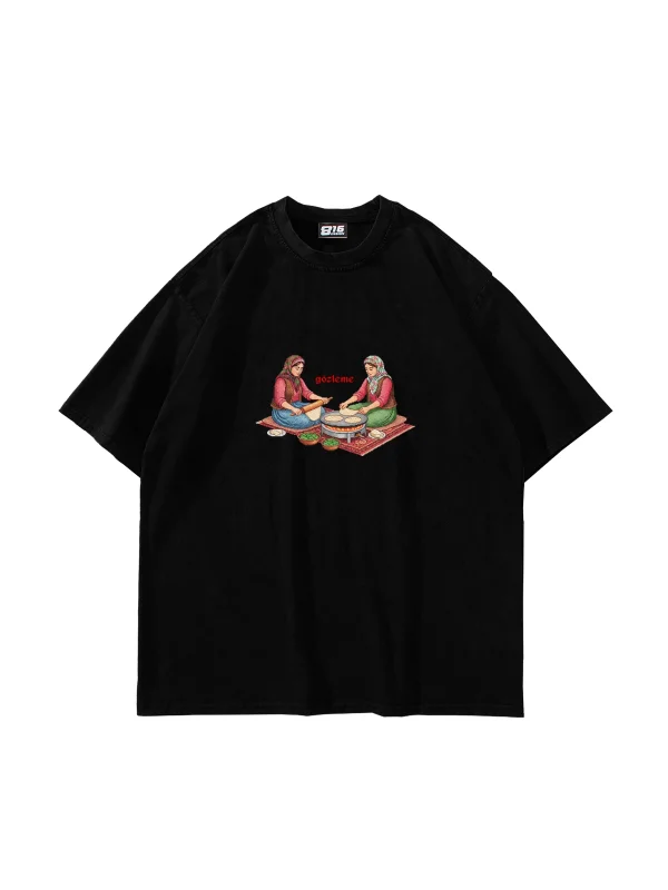 Gözleme Baskılı Oversize Unisex Siyah Tshirt