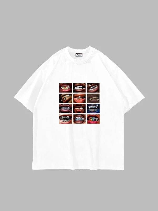 Grillz Baskılı Oversize Unisex Beyaz Tshirt