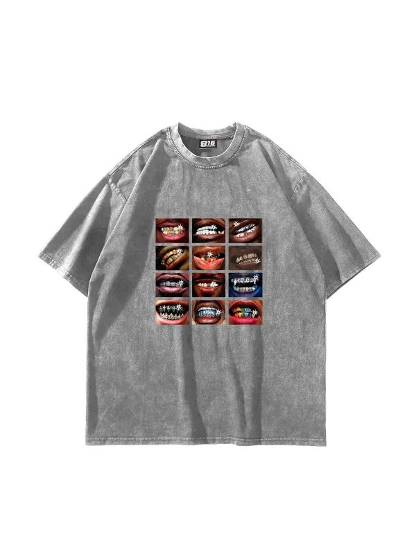 Grillz Baskılı Oversize Unisex Yıkamalı Beyaz Tshirt